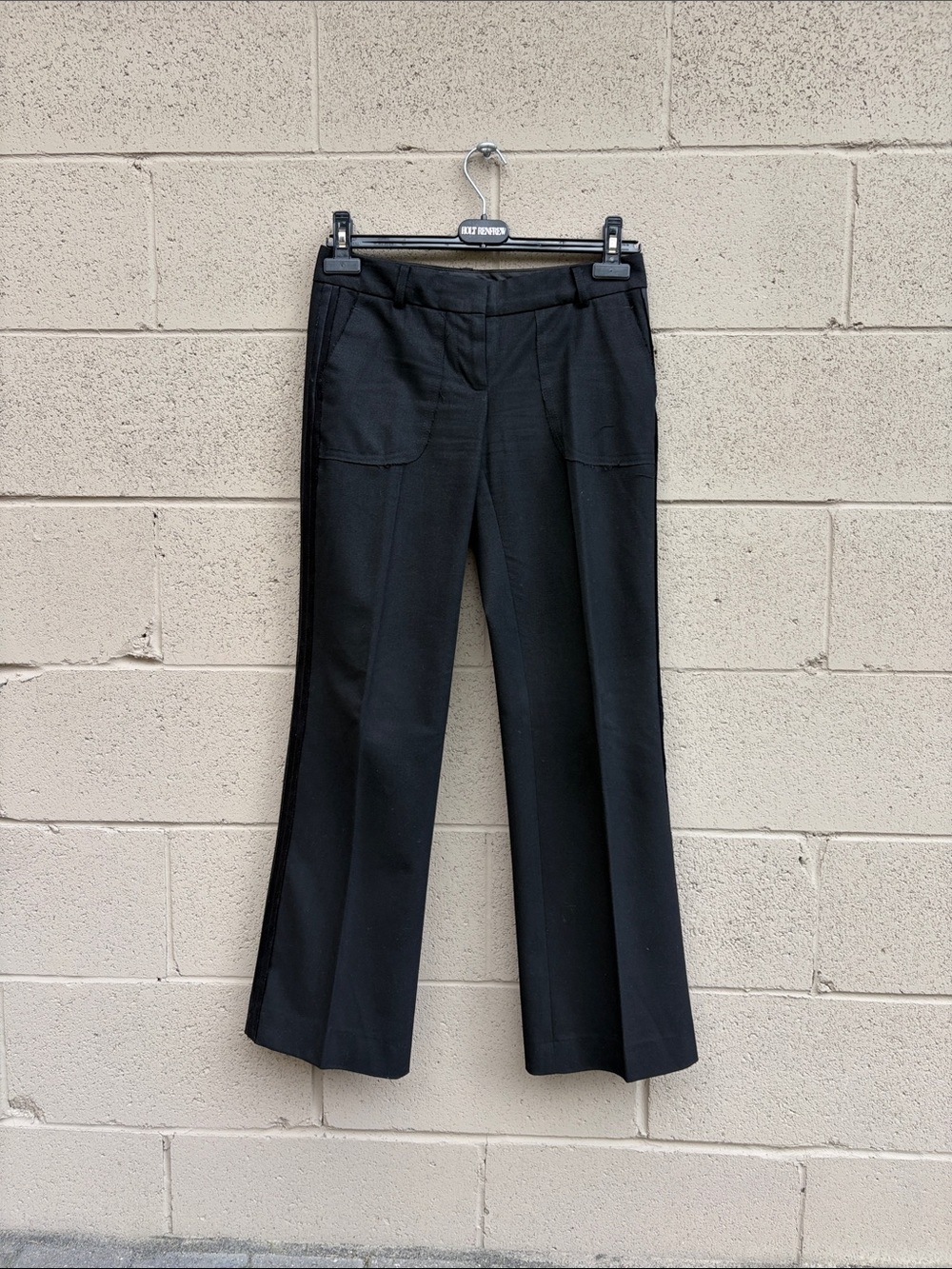 Poleci Black Boot-Cut Trousers with Front Patch Pockets Tuxedo Style